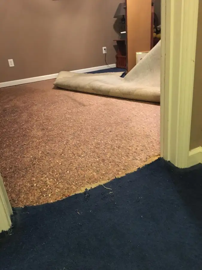 Carpet pad removal revealing water damage during Water Mitigation Services in Oakley